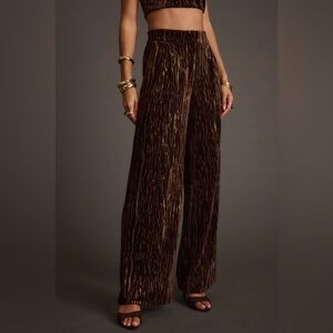 12th Tribe Rhea Espresso Velvet Wide Leg Trousers Gold Foil LIKE NEW Size M